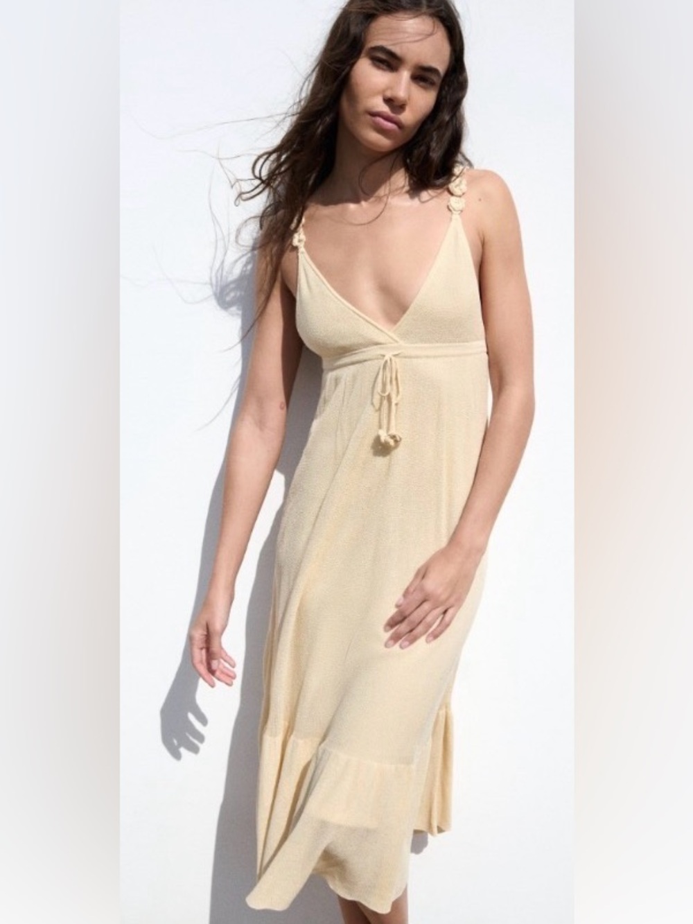 Zara Vanilla Cream Knit Midi Dress Crochet Floral Straps Size medium